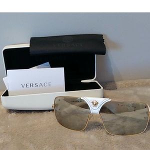 New Versace White Leather Logo Aviator Sunglasses